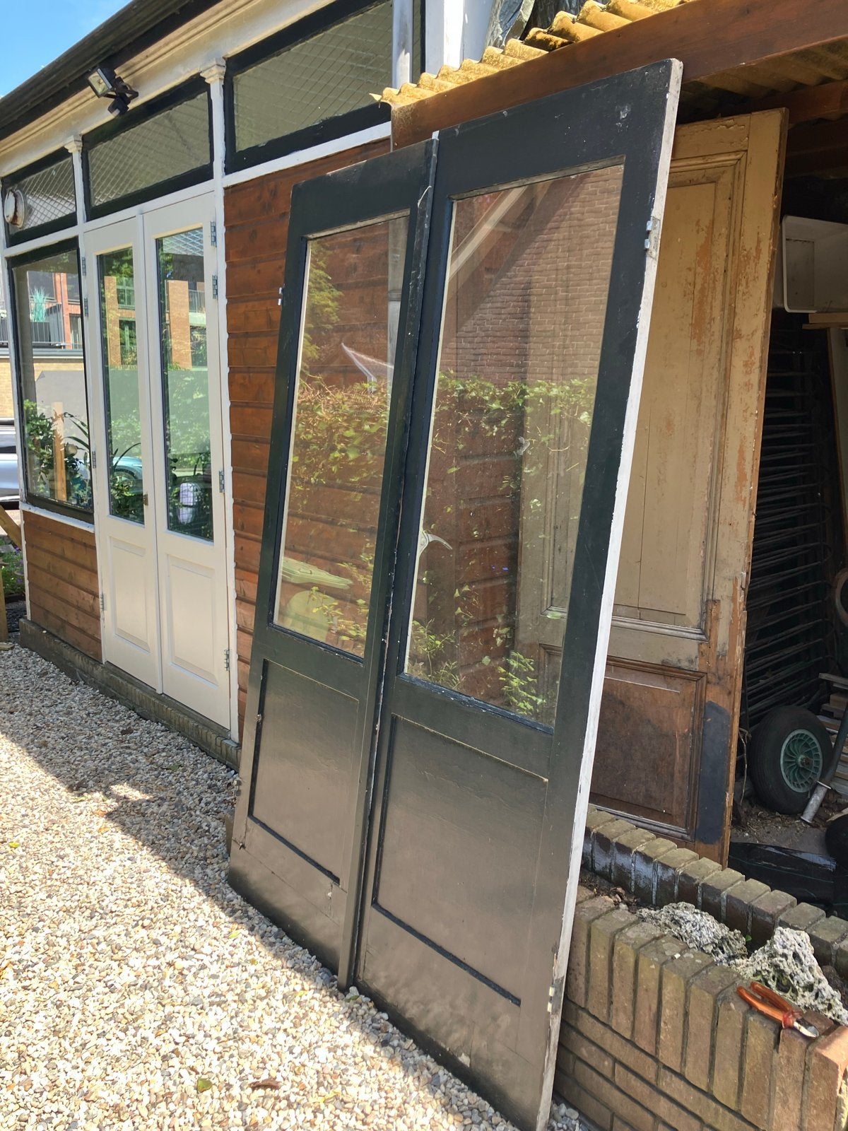 Set van 2 gebruikte houten deuren met glas, Ophalen, Gebruikt, 80 tot 100 cm, Buitendeur
