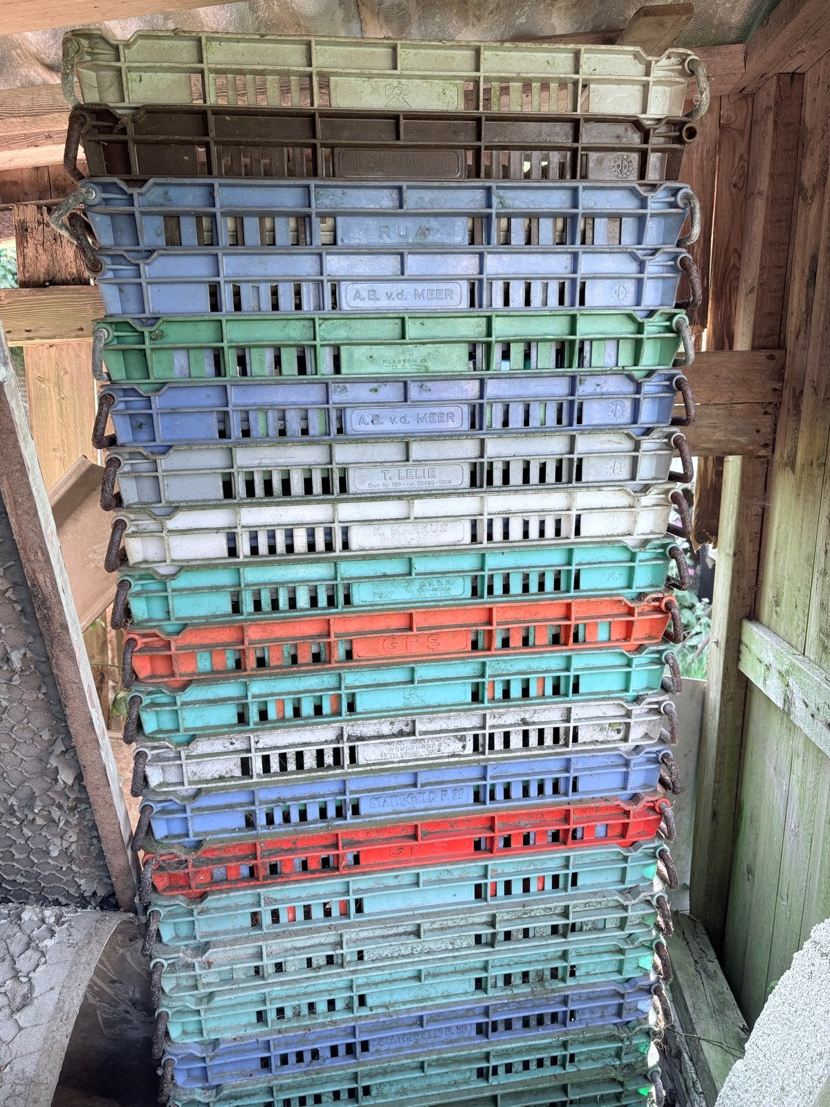 Stapelbare plastic kratten in diverse kleuren, Ophalen, Gebruikt, 40 tot 60 cm, 50 tot 75 cm