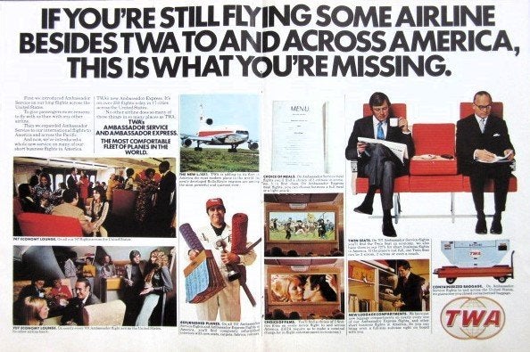 9 oude advertenties reclames TWA vliegmaatschappij 1968-72, Verzamelen, Luchtvaart en Vliegtuigspotten, Ophalen of Verzenden, Gebruikt