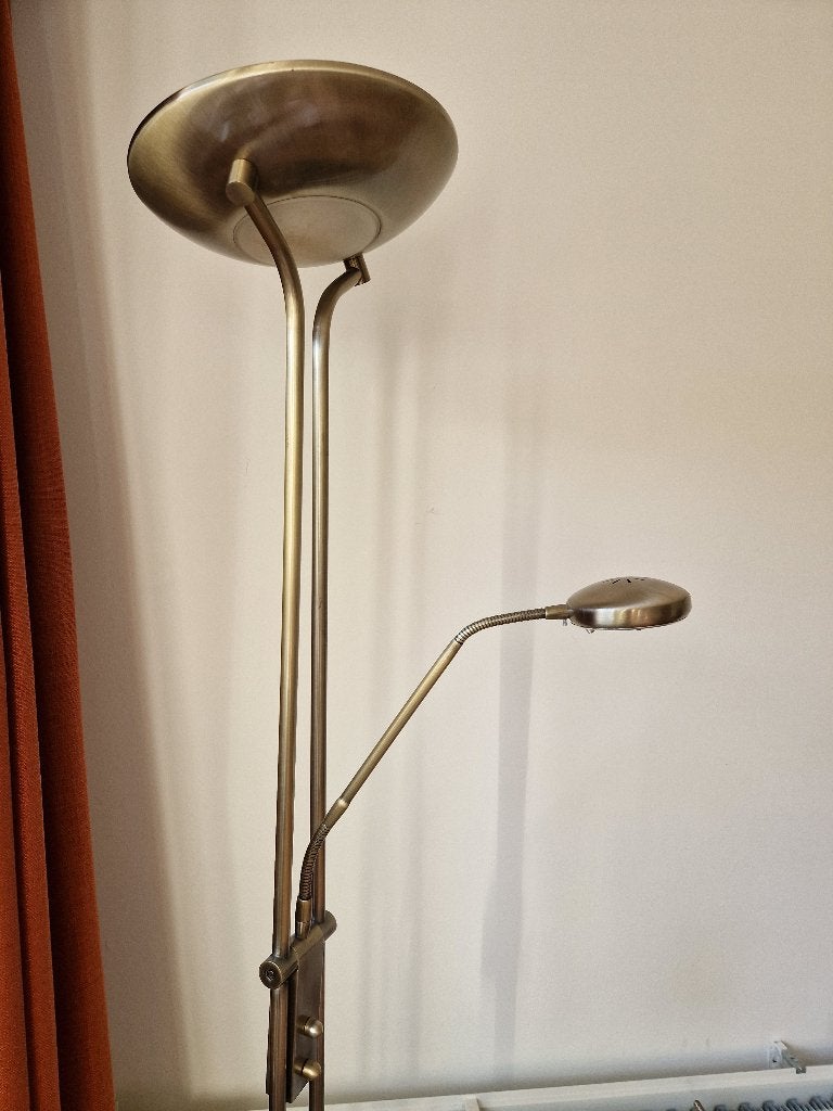 Staande lamp (dimbaar) met leeslamp, gouden kleur, Ophalen, Gebruikt, Klassiek, Metaal