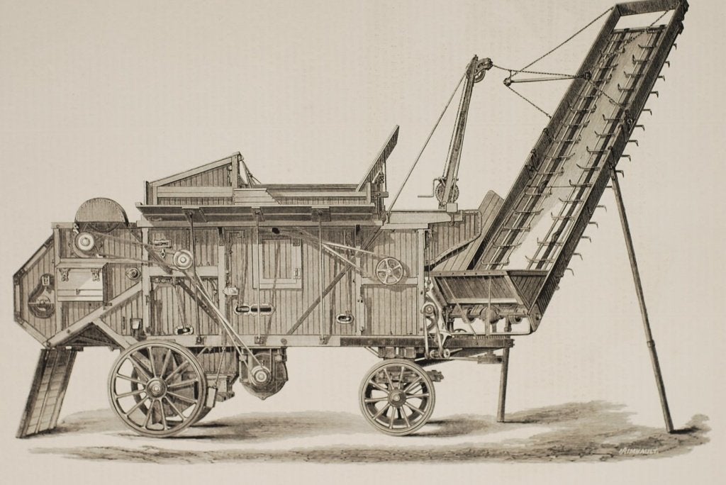 Dorsmachine met stoomelevator - Antieke illustratie 1879, Verzenden, Voor 1940, Zo goed als nieuw
