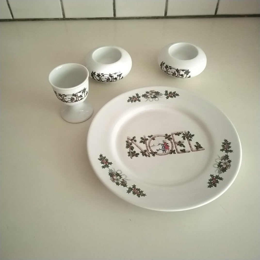 NOEL, bord, 2 waxinelichtjes  en eierdopje kerst, Ophalen of Verzenden