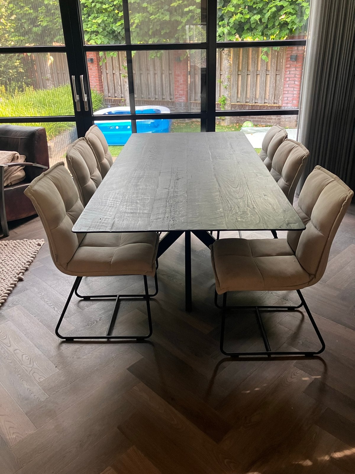 Teak Houten Eettafel 210 lang met Zwart Metalen Onderstel, Ophalen, Teakhout, 200 cm of meer, 50 tot 100 cm