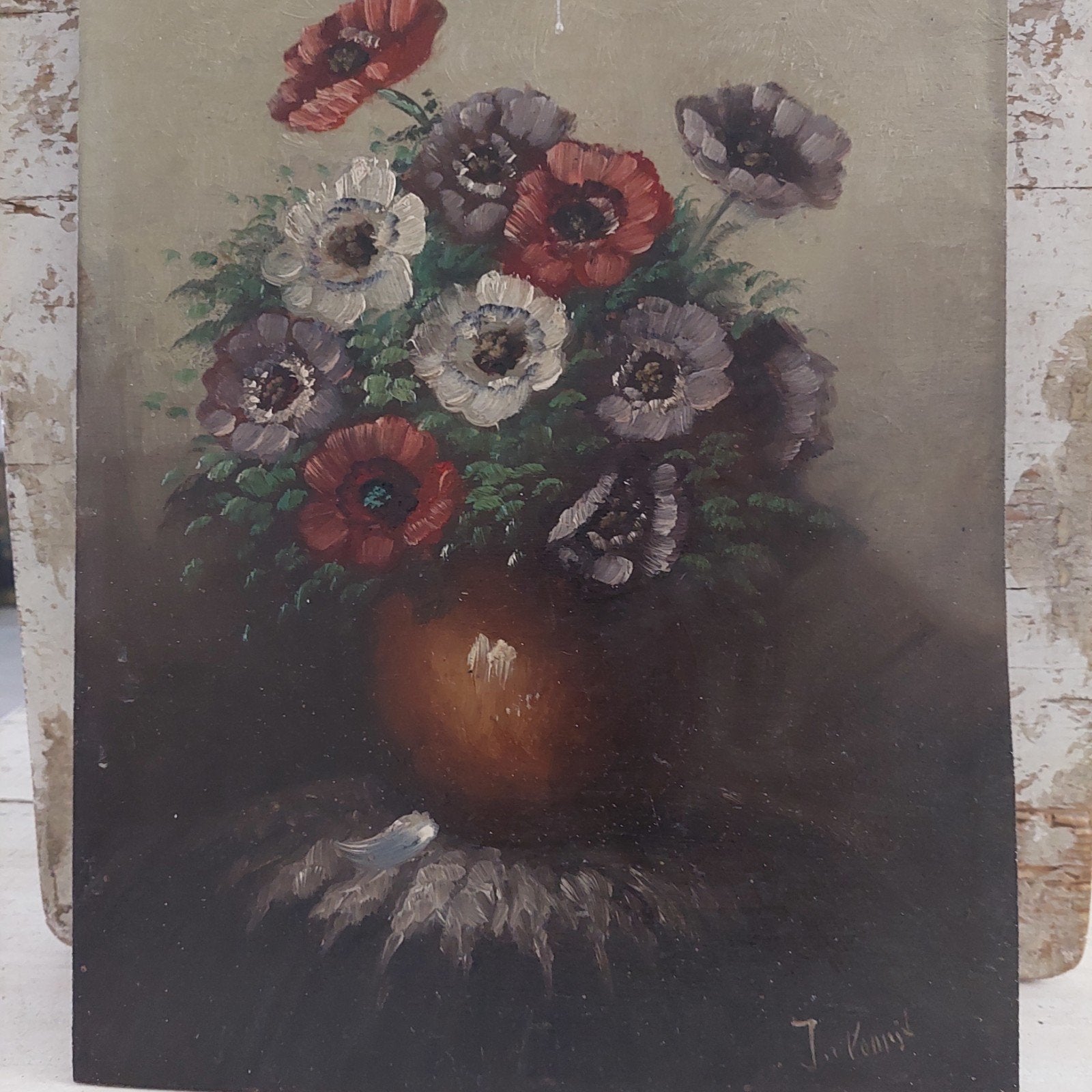 bloemstilleven olieverfschilderij op houten paneel /anemonen, Ophalen of Verzenden