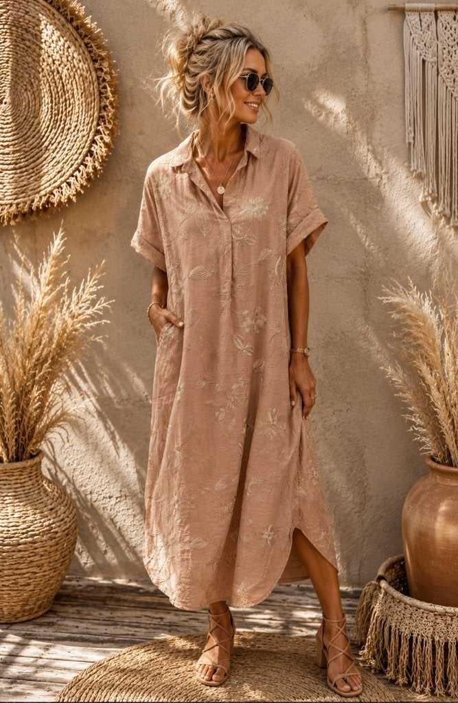 Boho Linnenlook Maxi Jurk met Bloemenborduursel One size (50, Kleding | Dames, Bruin, Maat 42/44 (L), Nieuw, Ophalen of Verzenden