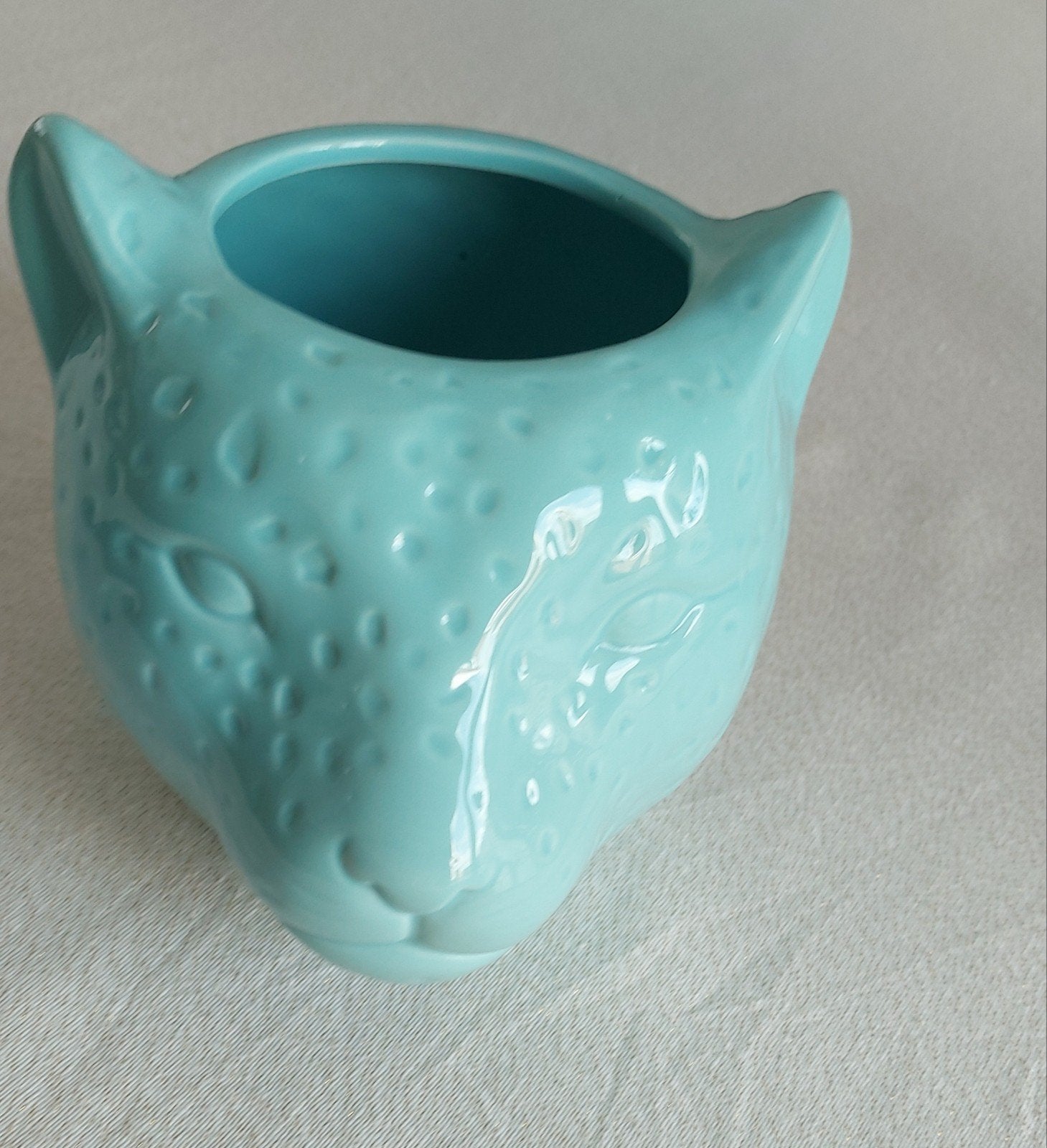 Vaas of bloempot met panter / luipaard hoofd, blauw turquoi, Ophalen, Blauw, 14 cm, Zo goed als nieuw