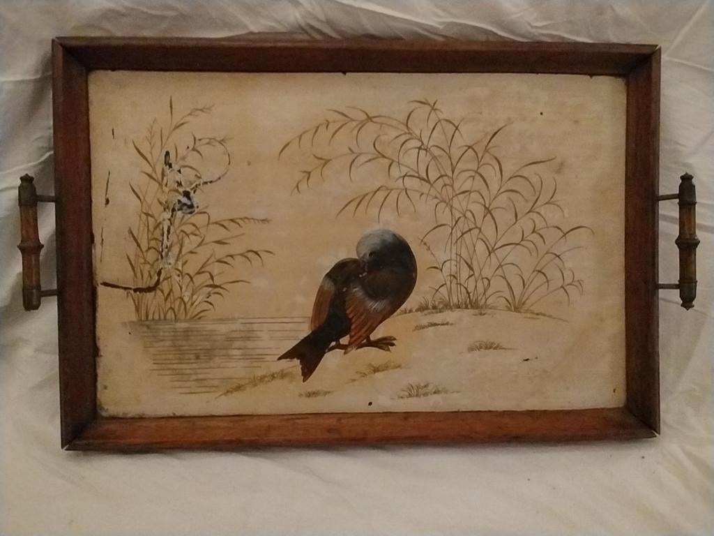Antieke dienblad met vogel en bamboe decoratie, Antiek en Kunst, Ophalen of Verzenden