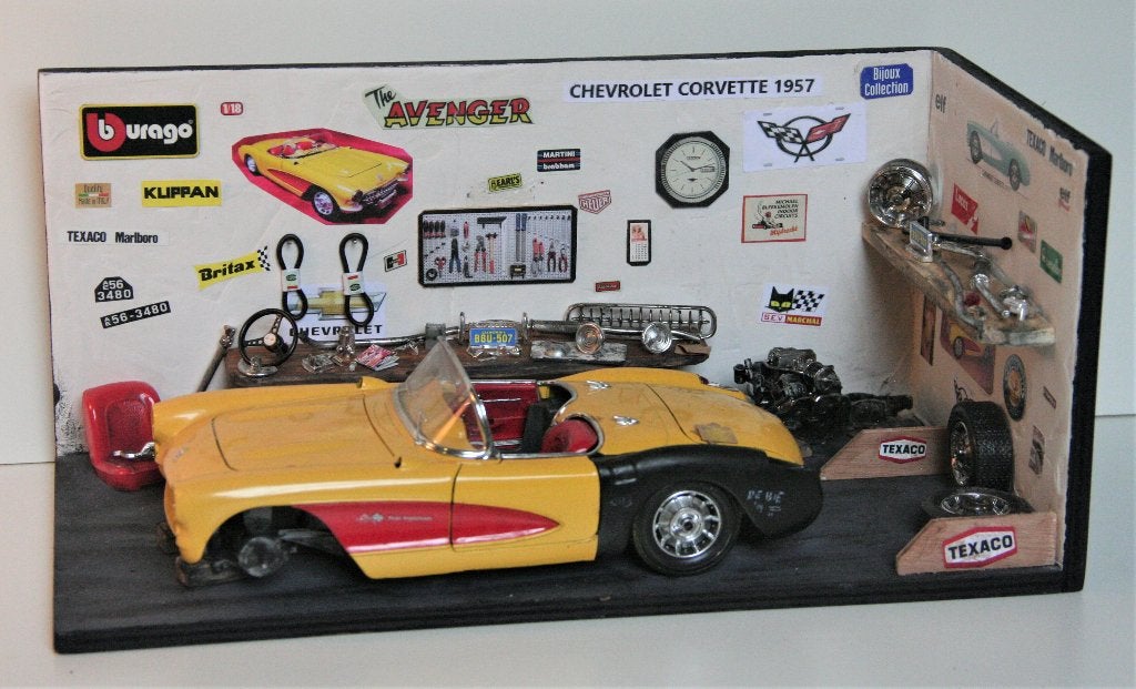 Diorama Chevrolet Corvette 1957 Garage - Schaalmodel, Ophalen, Nieuw, Auto, Bburago