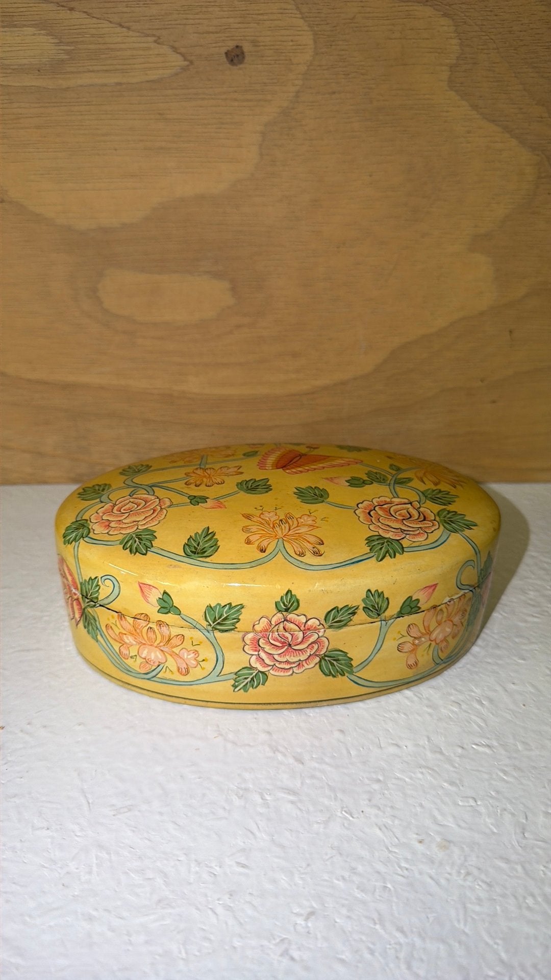 Ovale papier-maché bewaardoos met bloemmotief, Ophalen of Verzenden