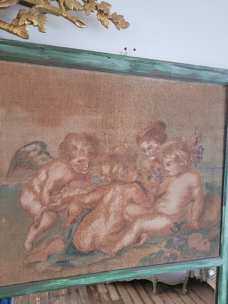 Zeer oude spiegel met gobelinstof engeltjes, Ophalen, Rechthoekig, 50 tot 100 cm, 100 tot 150 cm