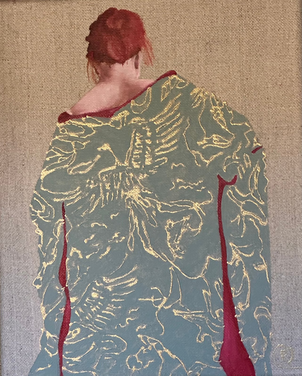 Vrouw Ariane met kimono op naturel doek, Ophalen of Verzenden, Olieverf, Overige materialen, Gesigneerd