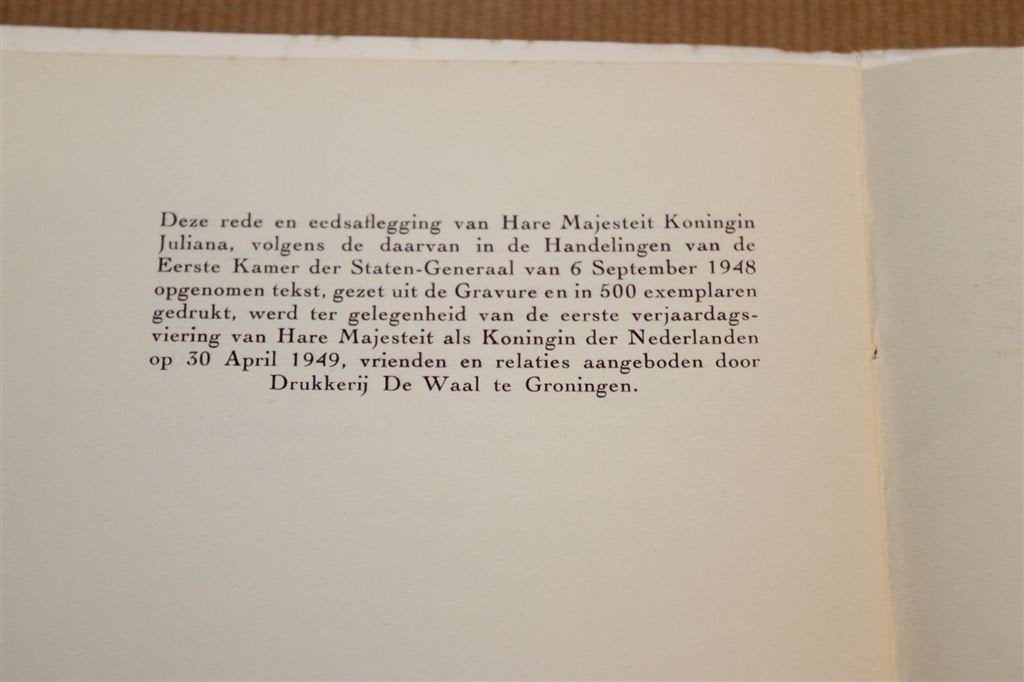 Zeldzaam Rede Inhuldiging Koningin Juliana 1948 - Oplage 500, Ophalen of Verzenden, Gelezen