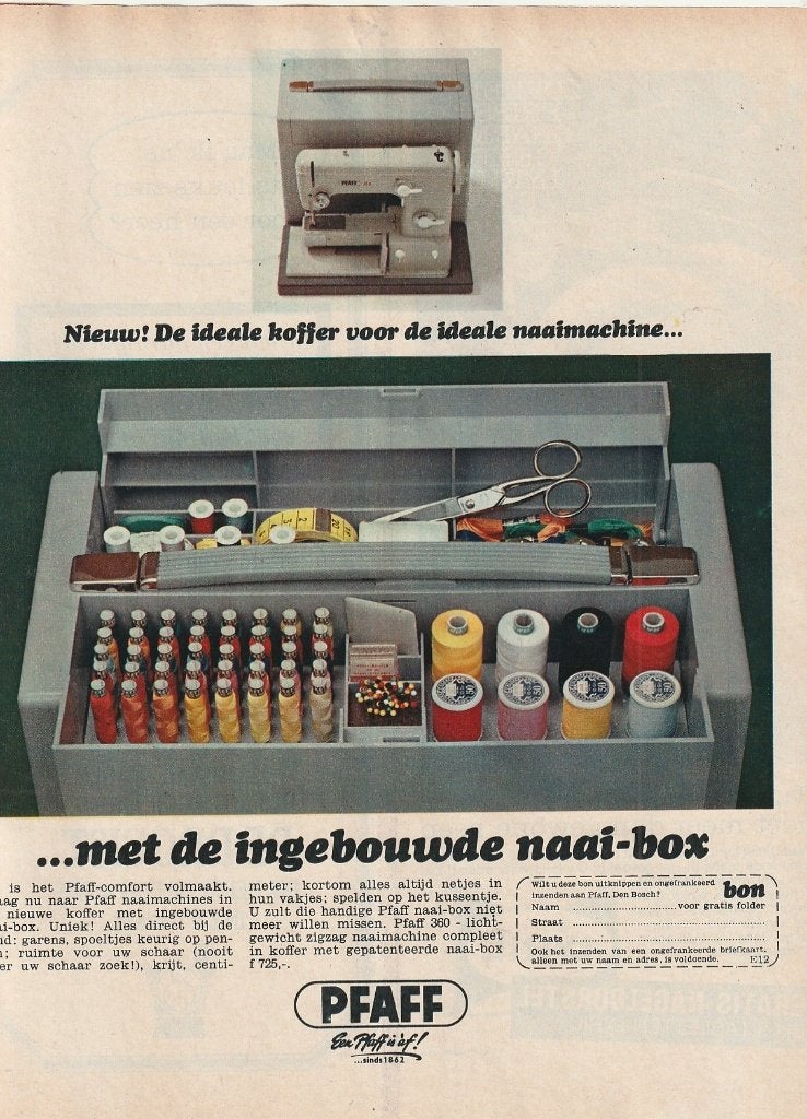 Retro reclame 1966 Pfaff naaimachine met naaibox, Verzenden, Overige typen