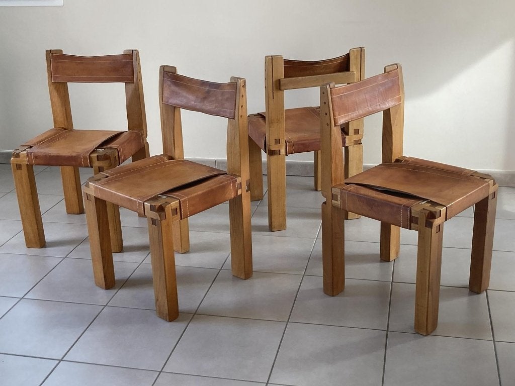 Set van 4 Pierre Chapo S11 stoelen, Ophalen, Bruin, Hout, Vier