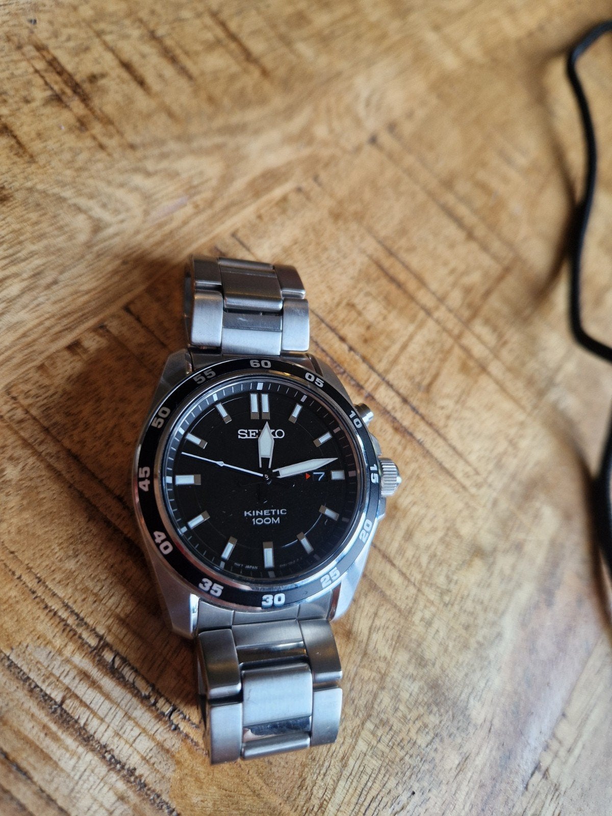 Seiko Kinetic 100M Herenhorloge - Zwart/Staal, Gebruikt, Staal, Polshorloge, Ophalen of Verzenden