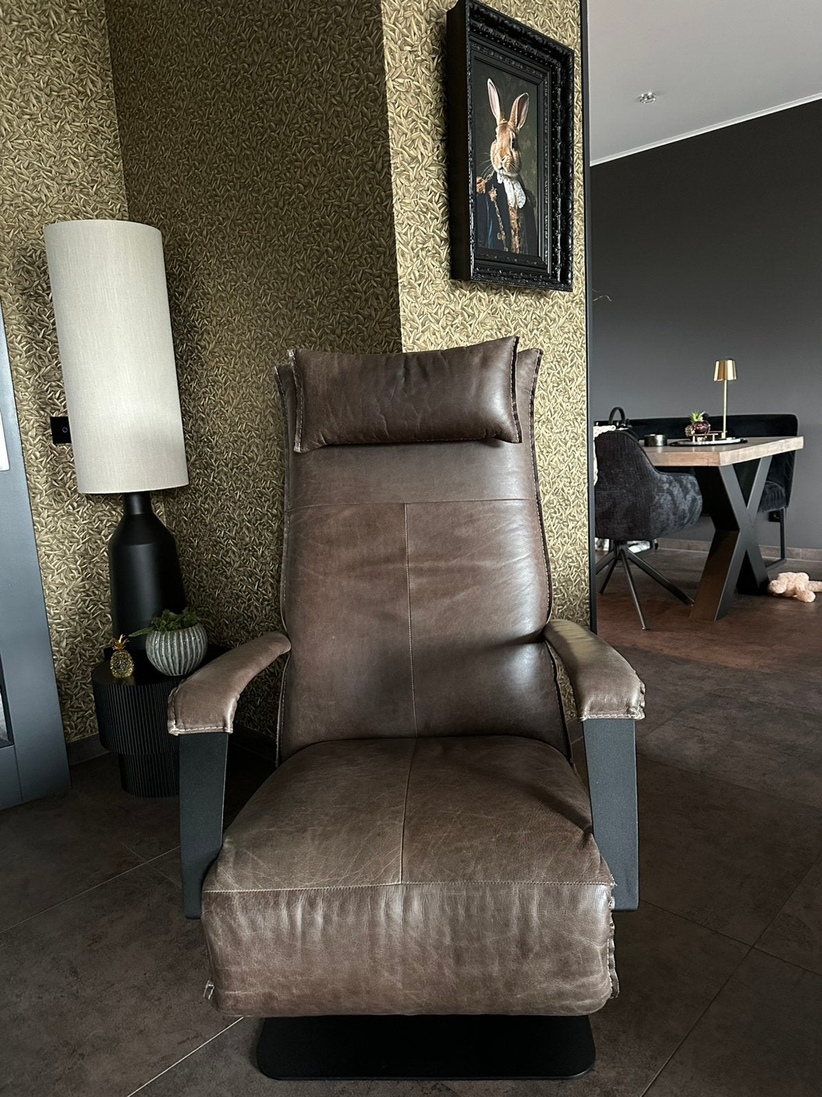 Comfortabele bruine leren / lederen relaxfauteuil, Ophalen, Zo goed als nieuw, 50 tot 75 cm, Leer