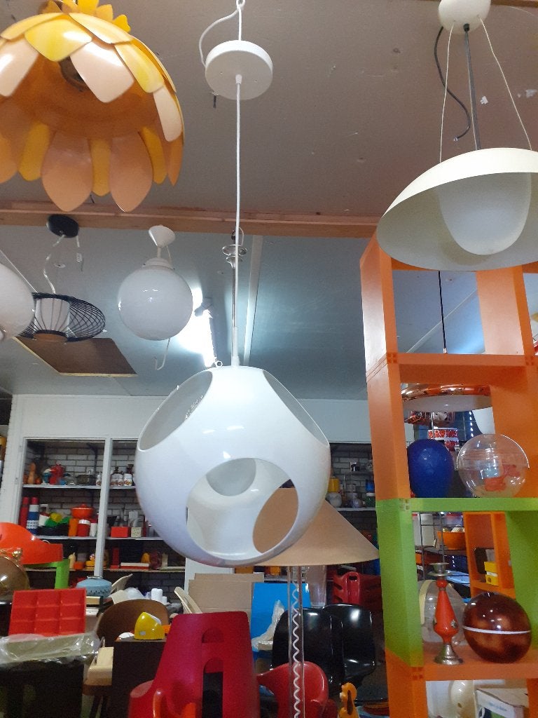 space age wit metaal hanglamp jaren 70 design retro, Retro jaren 70 space age design vintage, Gebruikt, ?, Metaal