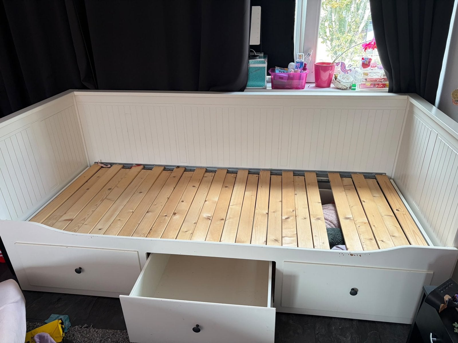 Ikea Hemnes uitschuifbed met 3 lades, Ophalen, Eenpersoons, Wit, 80 cm