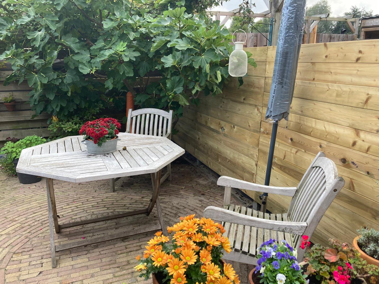 Teak houten tuin tafel en stoelen, Tuin en Terras, Tuintafels, Ophalen, Gebruikt, Rond, Teakhout