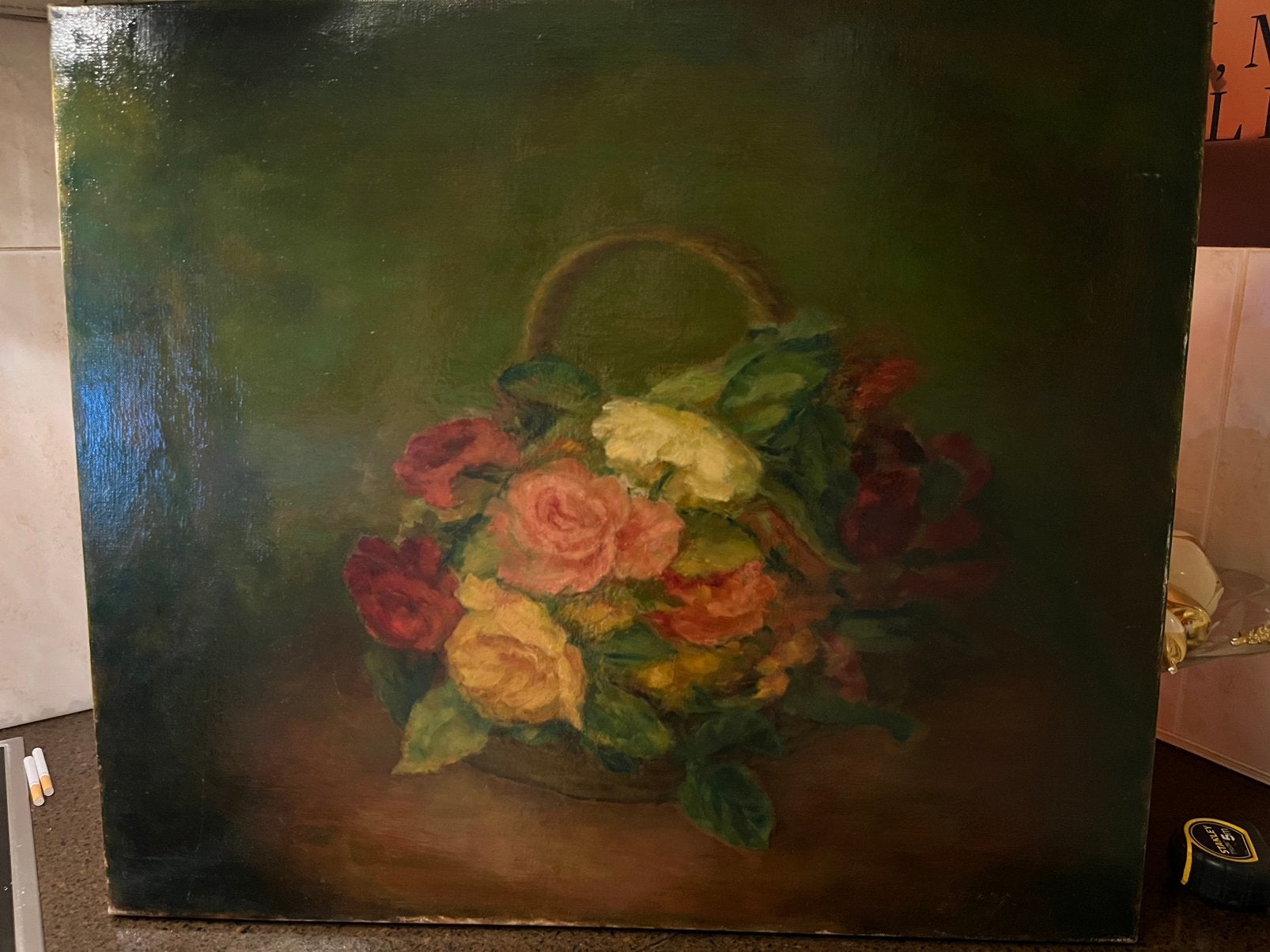 Oud groot olieverf bloemen schilderij, Ophalen