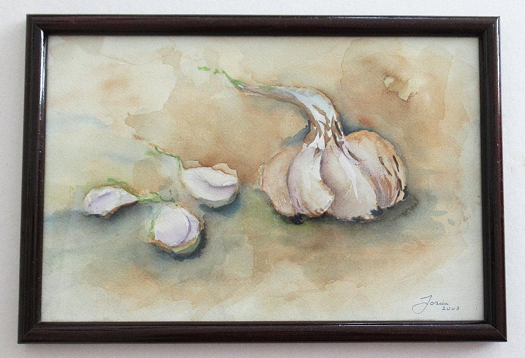Leuk schilderij Stilleven Knoflook aquarel, gesigneerd., Ophalen of Verzenden