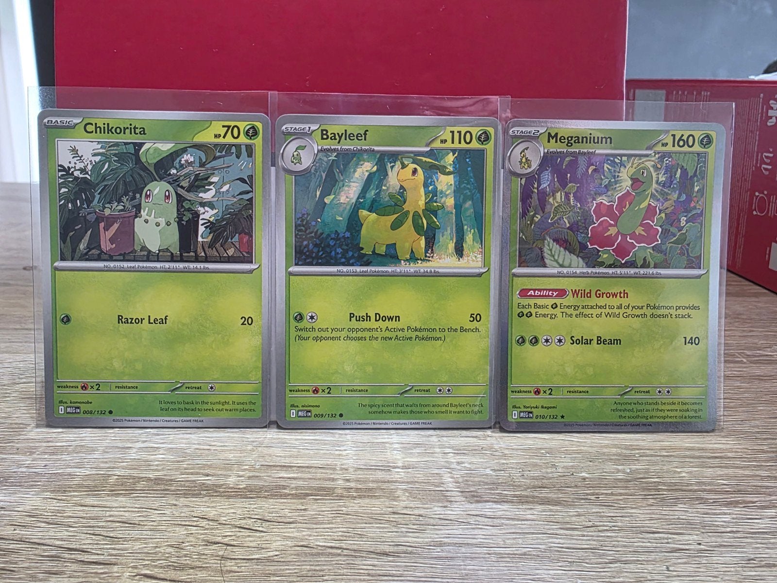 Chikorita, Bayleef, Meganium Holo foil - Mega Evolutions, Ophalen of Verzenden, Zo goed als nieuw, Meerdere kaarten, Foil