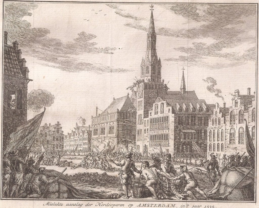 Mislukte aanslag der HERDOOPEREN OP AMSTERDAM IN T JAAR 1535, 19 cm, Ophalen of Verzenden, 15 cm, 1700 - 1799