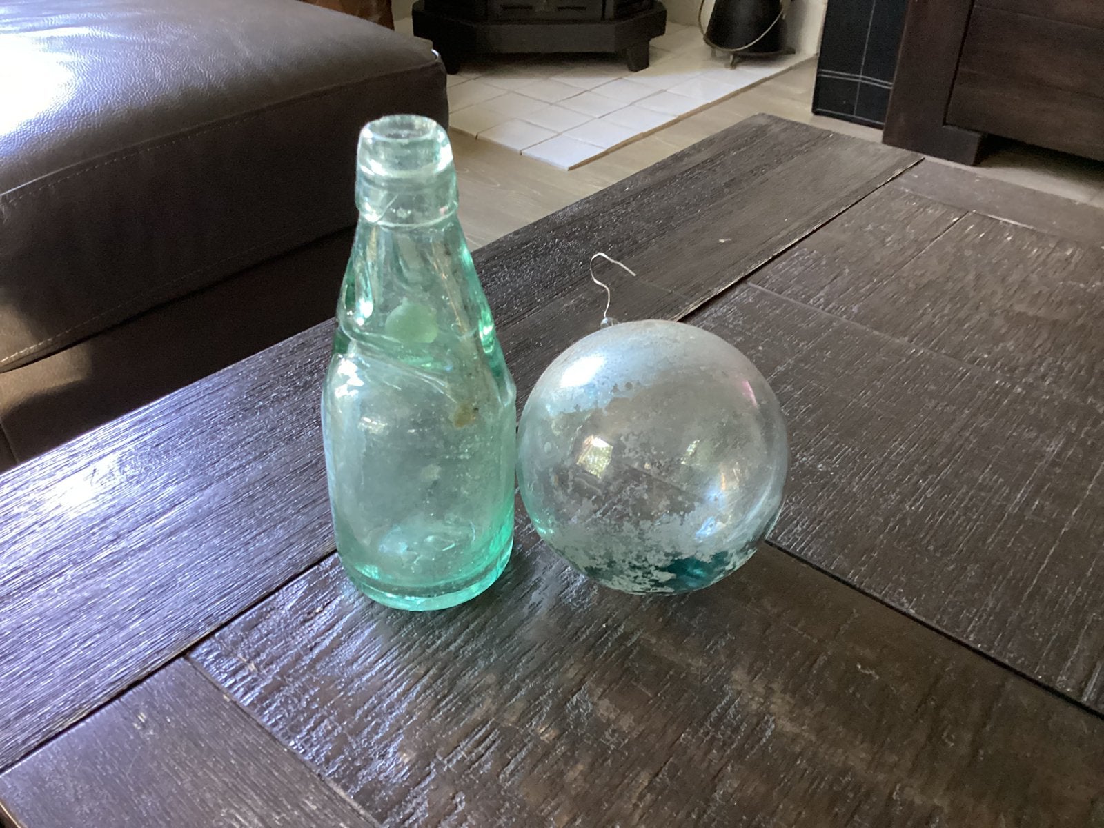 Mondgeblazen glazen bol en kogelflesje, Antiek en Kunst, Antiek | Glas en Kristal, Ophalen of Verzenden
