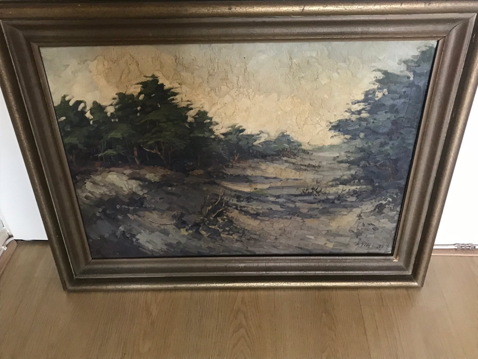 Antieke olieverf schilderij op linnen doek in lijst, Antiek en Kunst, Ophalen, Gesigneerd, Landschap