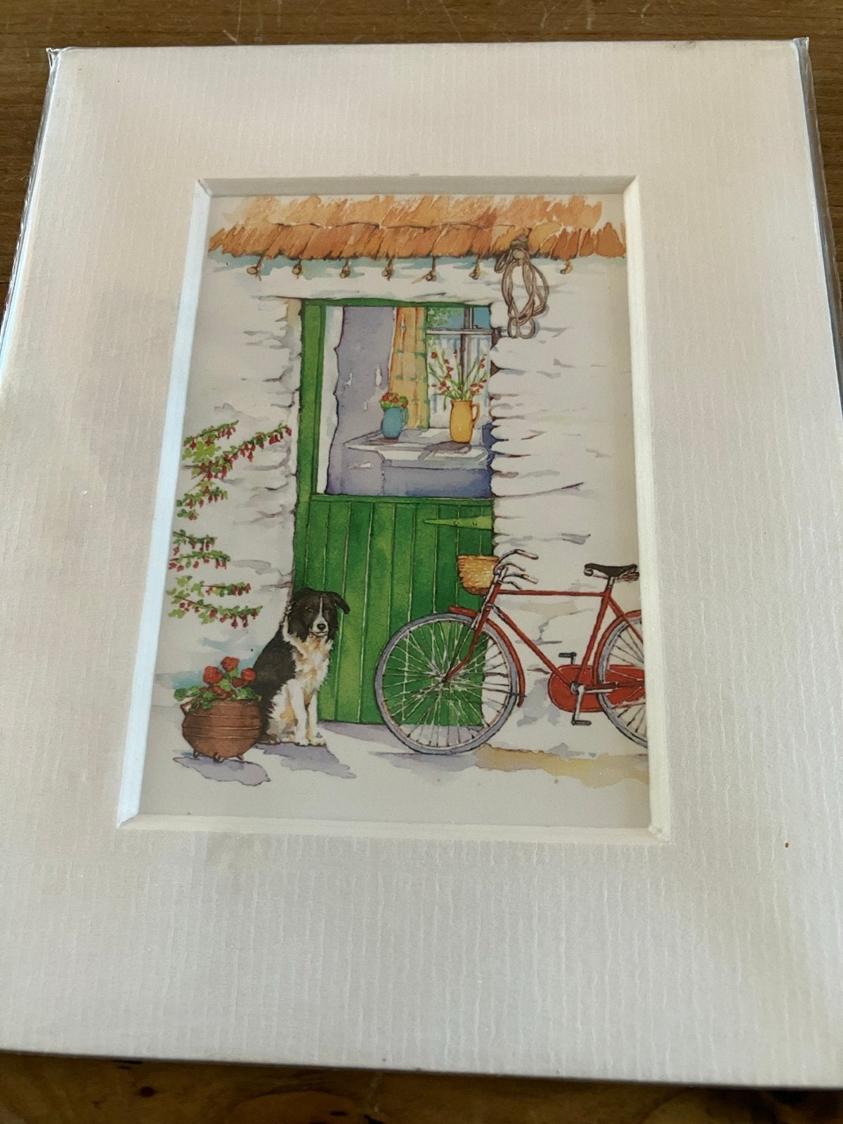 Aquarel print van Pat Flavell - Ierse cottage met hond, Ophalen of Verzenden, Print, Aquarel, Ingelijst