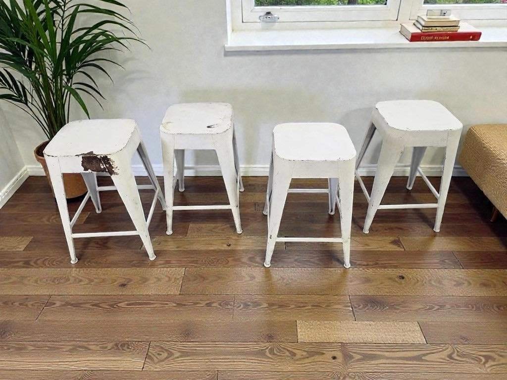 vintage wit metalen krukje / tabouret / stoeltje, Ophalen, Gebruikt, Hout