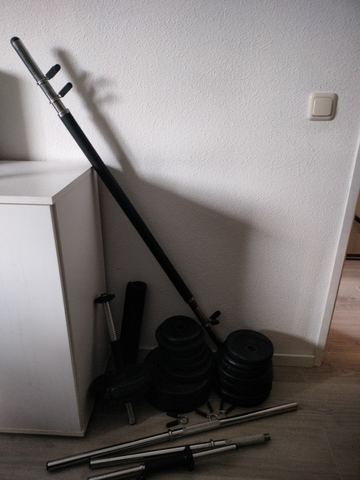 Halterset met diverse gewichten en stangen, Ophalen, Gebruikt, Rug, Halterset