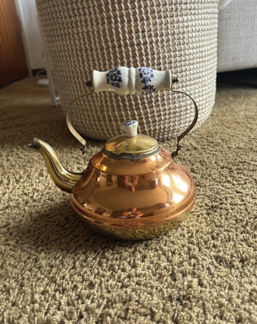 Vintage Koperen Ketel met Delfts Blauw Porseleinen Handvat, Ophalen of Verzenden