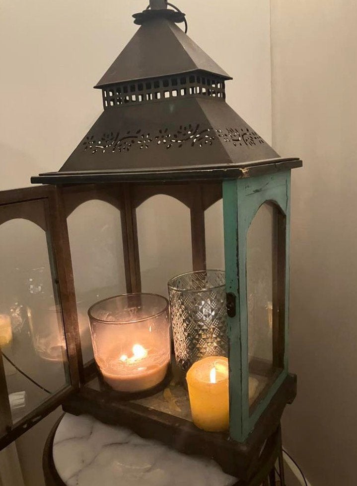 Ibiza lantaarn windlicht vitrinekastje pronkastje kaarsen, Ophalen of Verzenden, Gebruikt, Hout, Lantaarn