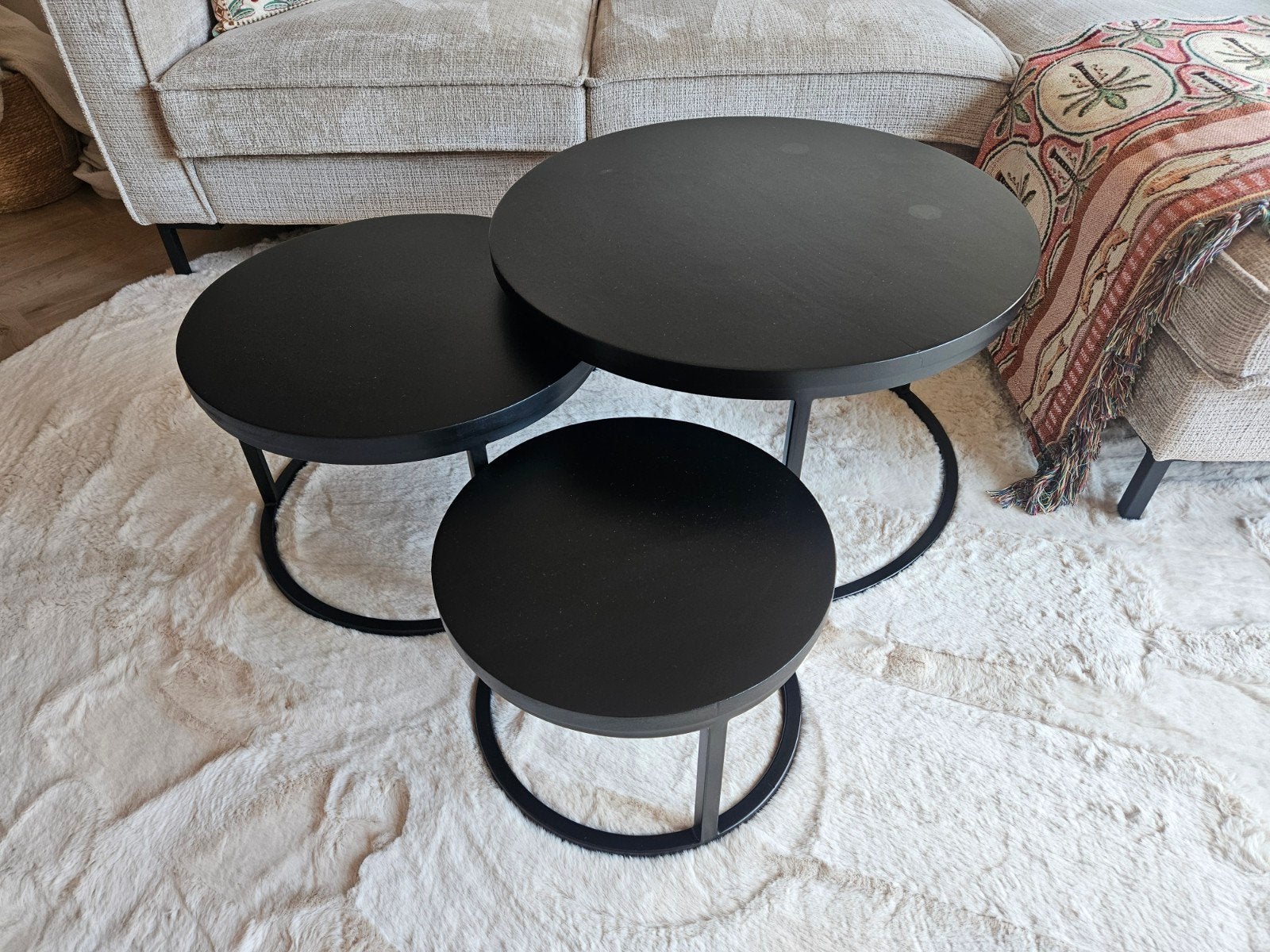 Set van 3 zwarte ronde salontafels, 50 – 75, 50 tot 100 cm, Modern, Industrieel, Rond