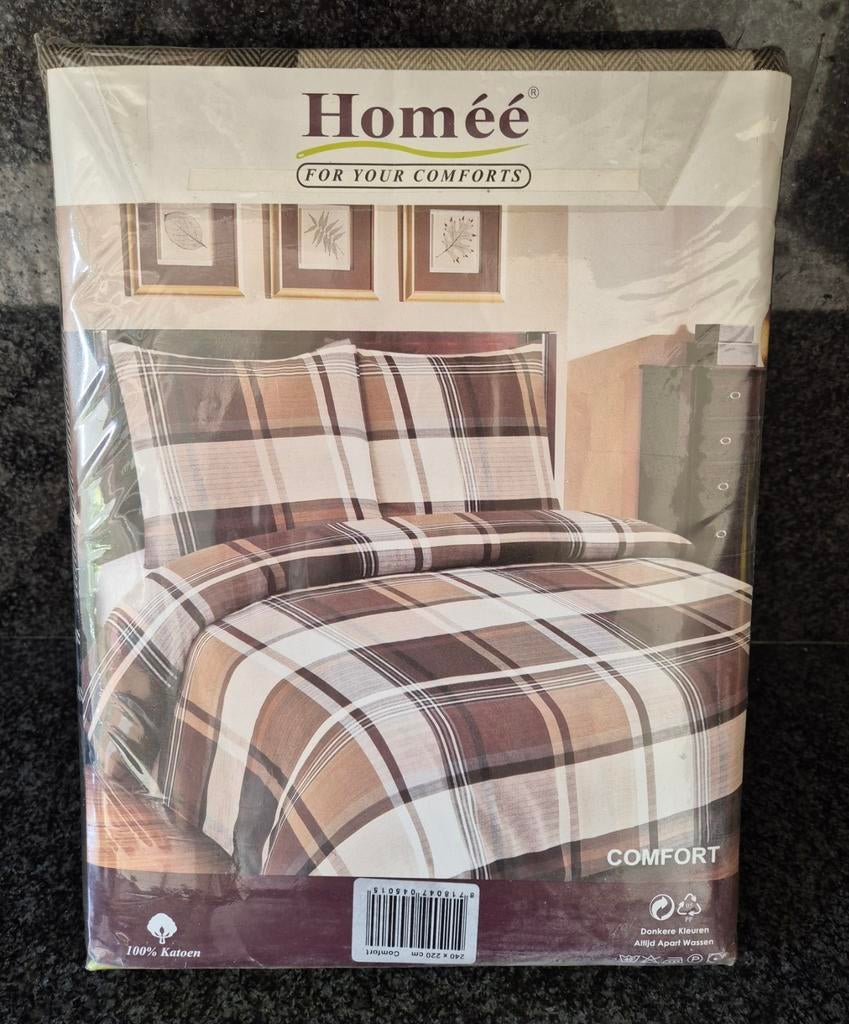 Homée Dekbedovertrek XL 240x200/220 cm - Bruin Geruit, Ophalen of Verzenden, Nieuw, Tweepersoons, Bruin