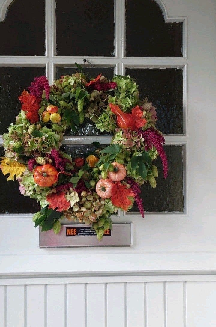 Herfstkrans met hop, pompoenen en hortensia's, Ophalen of Verzenden