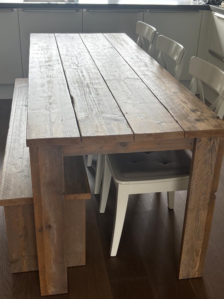 steigerhouten eettafel met bankje en 3 stoelen, Ophalen, Gebruikt, 50 tot 100 cm, Vijf personen of meer