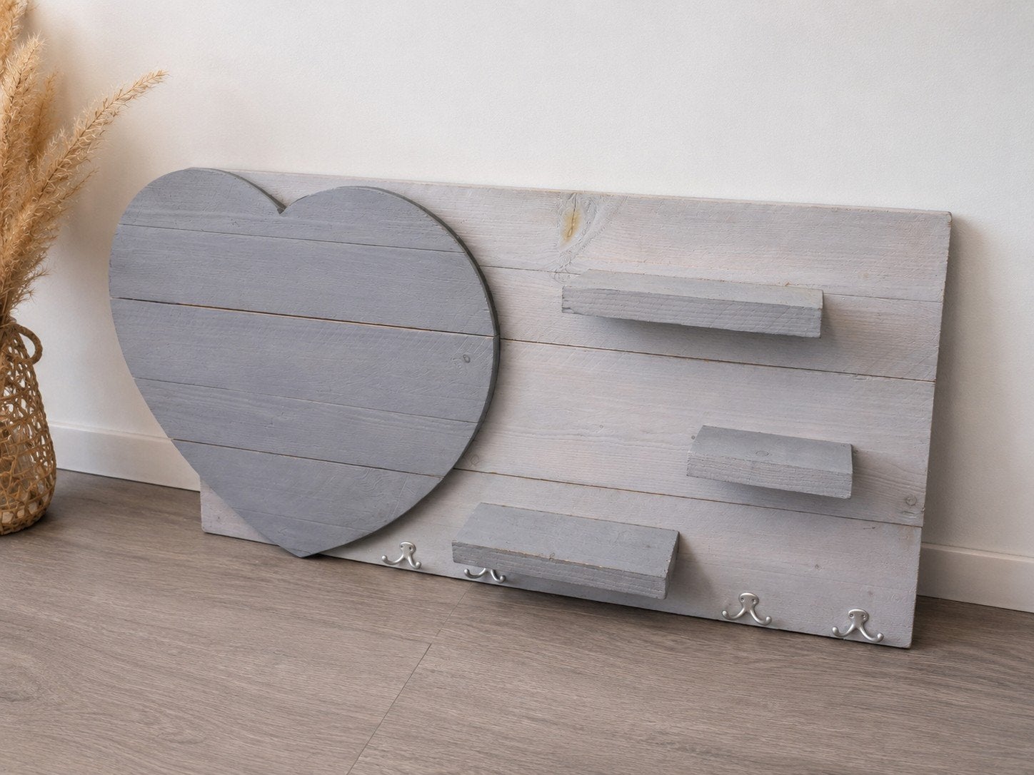 Wanddecoratie/kapstok met hart planken en haken - Grijs hout, Ophalen, Gebruikt, Hout, Wandbord of Wandpaneel