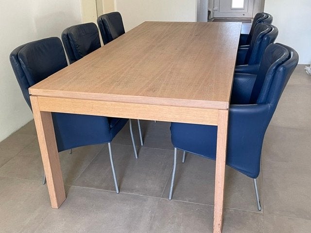 Eettafel 220 x 100 cm. met 6 leren stoelen, Ophalen, Gebruikt, Eikenhout, 200 cm of meer