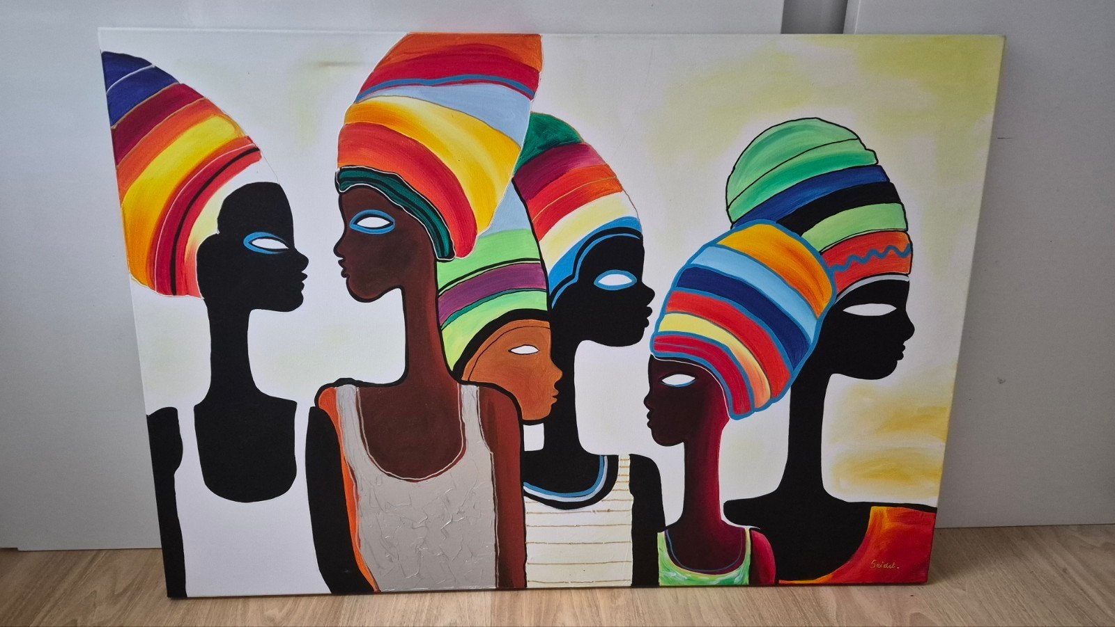 Groot kleurrijk canvas schilderij 70x100 cm, Ophalen, Gesigneerd, Textiel, Figuren