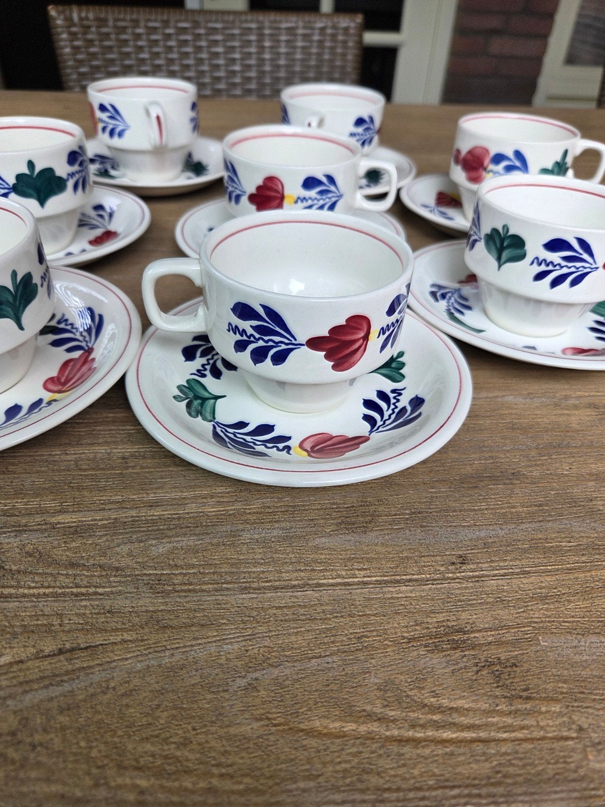Boerenbont set van 8 koffiekopjes met schotels, Ophalen, Gebruikt, Landelijk/Boerenbont, Kop(pen) en/of Schotel(s)