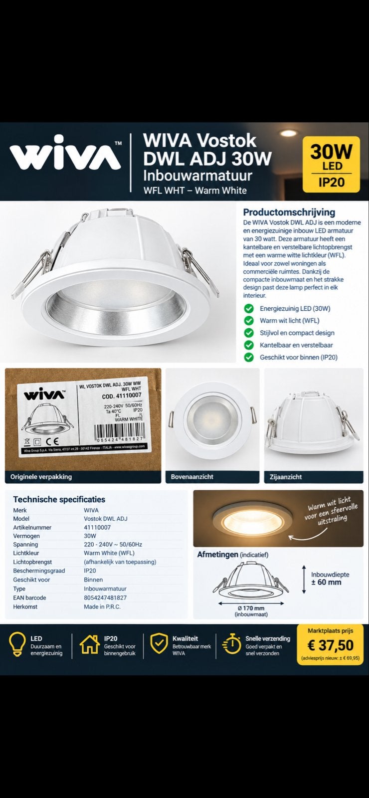 Wiva Vostok LED Inbouwspot 30W - Warm Wit Licht, Overige merken, Nieuw, Ophalen of Verzenden, LED