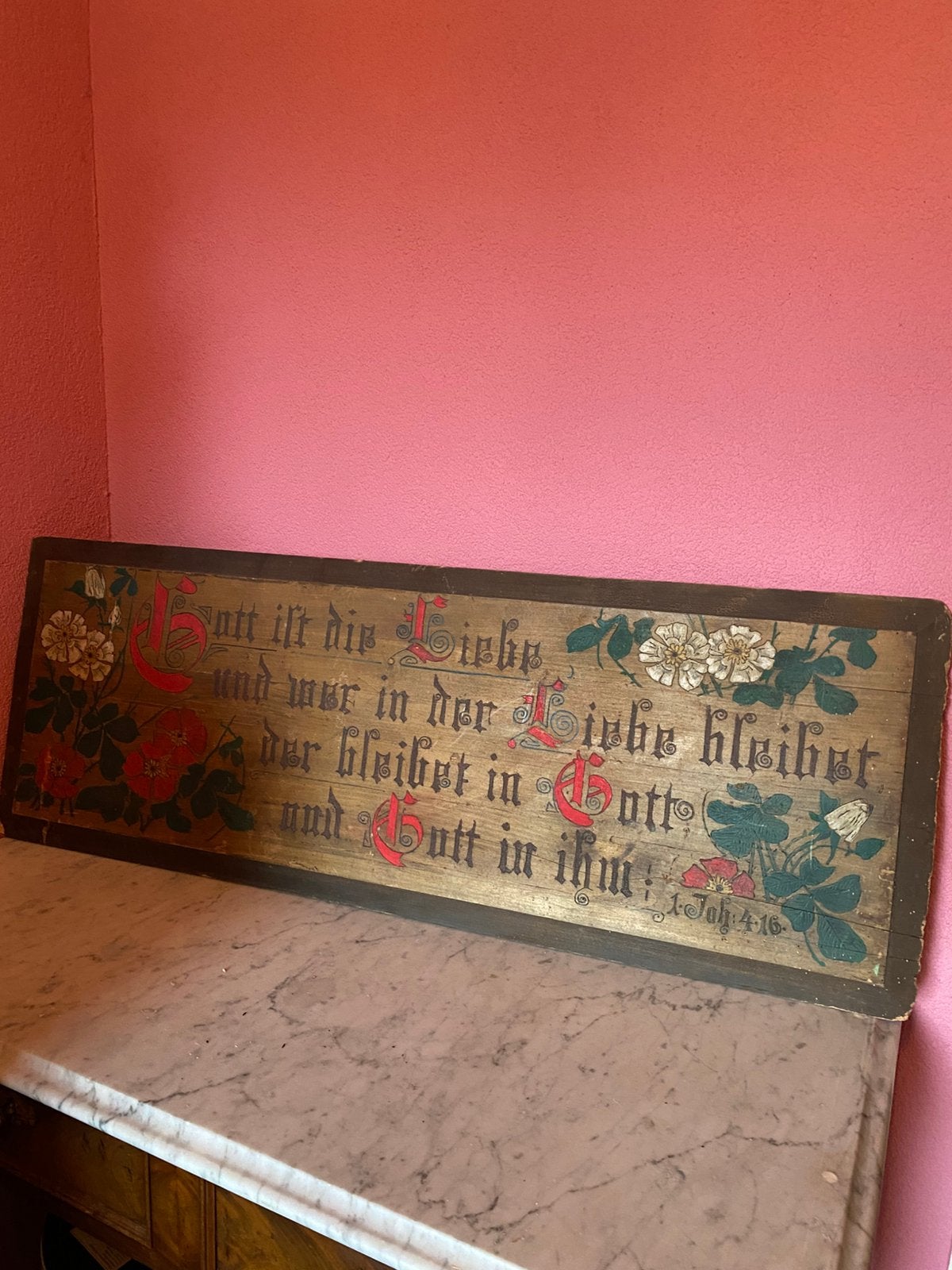 Antiek duits houten bord met heilige spreuk, Ophalen, Houtsnijwerk, 1 meter - 2 meter, Hout