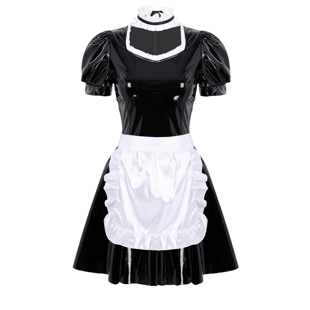 French maid kostuum sexy huishoudster lingerie wetlook jurk, Kleding | Dames, Maat 38/40 (M), Verzenden, Nieuw, Overige thema's