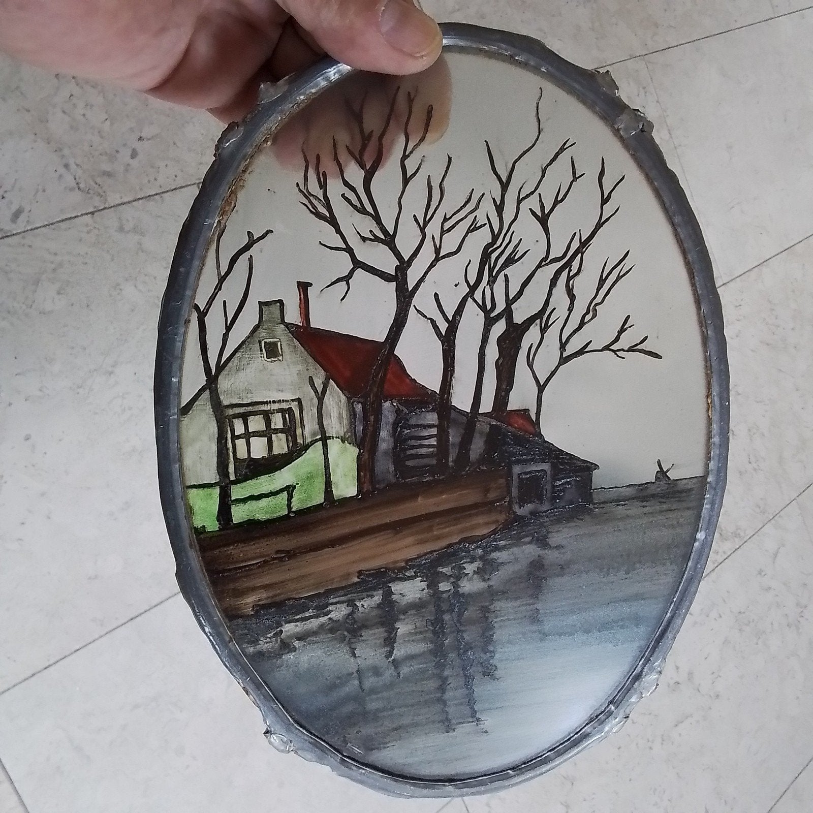 Boerderij in glas en lood, afm.20x25 cm, Ophalen of Verzenden
