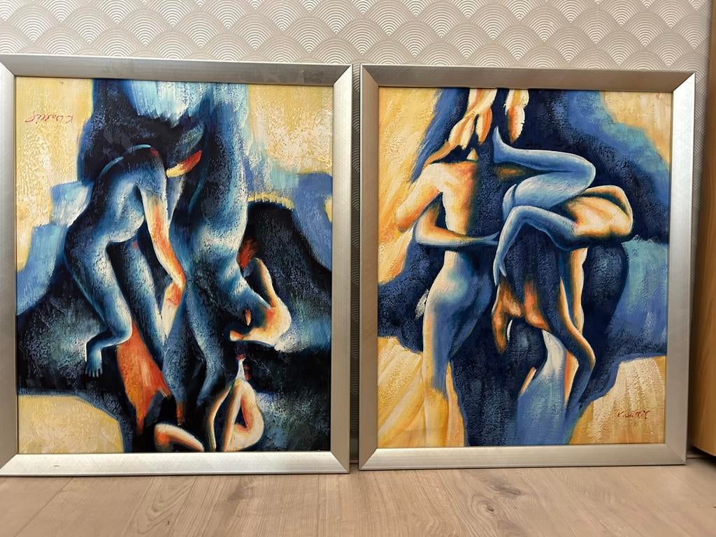 Te koop 2 luik schilderijen abstract, Ophalen of Verzenden