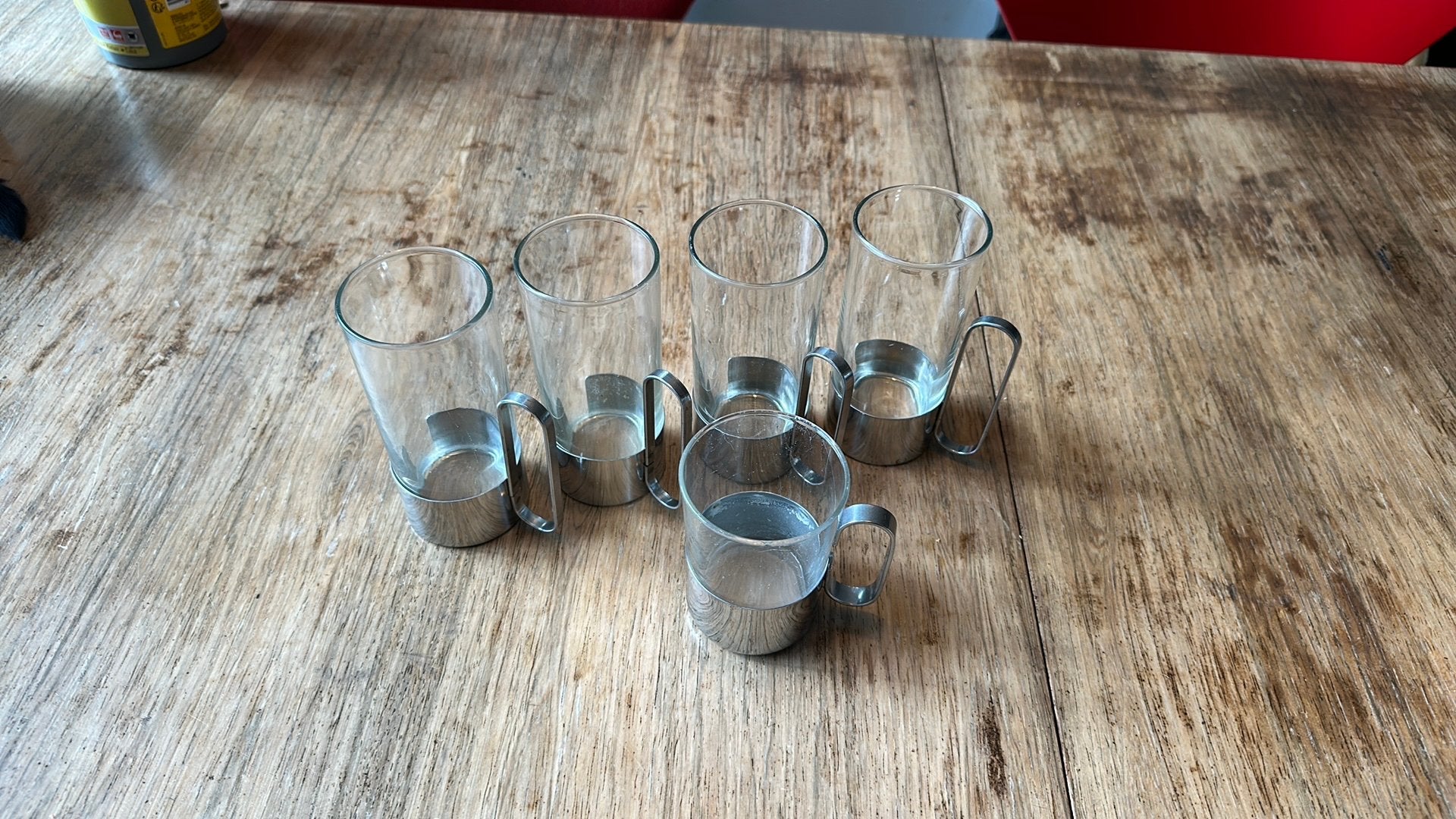 Zack theeglazen met rvs handvat, Glas of Glazen, Gebruikt, Overige merken, Ophalen of Verzenden