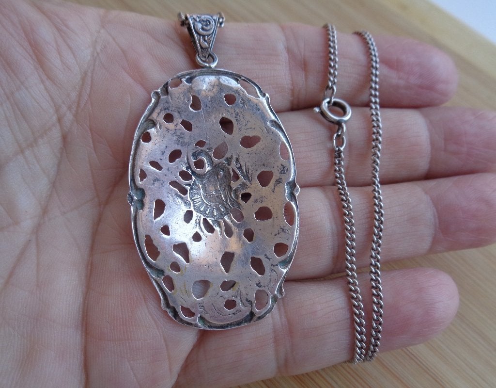 zilveren ketting met mooie Ajour hanger [860], Sieraden, Tassen en Uiterlijk, Antieke sieraden, Verzenden, Zilver, Ketting