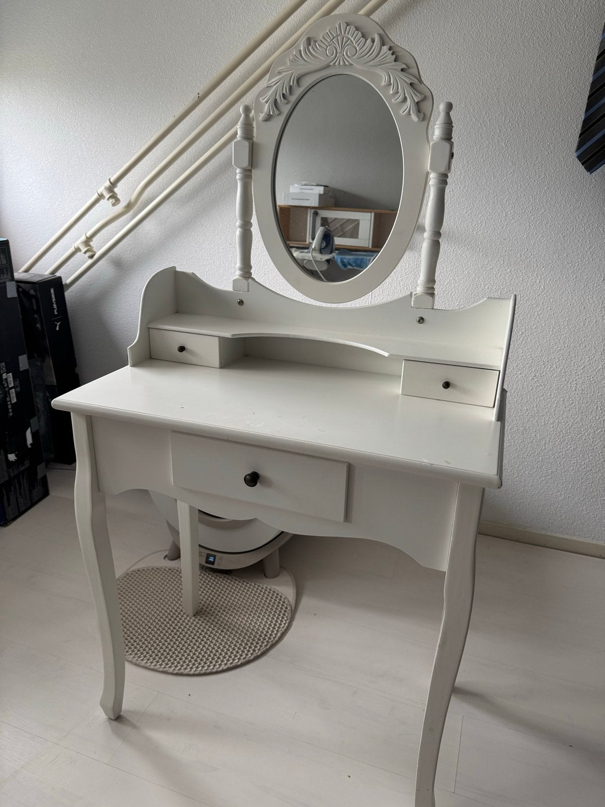 Witte kaptafel met spiegel en krukje, Ophalen, Gebruikt, 100 tot 150 cm, 50 tot 100 cm